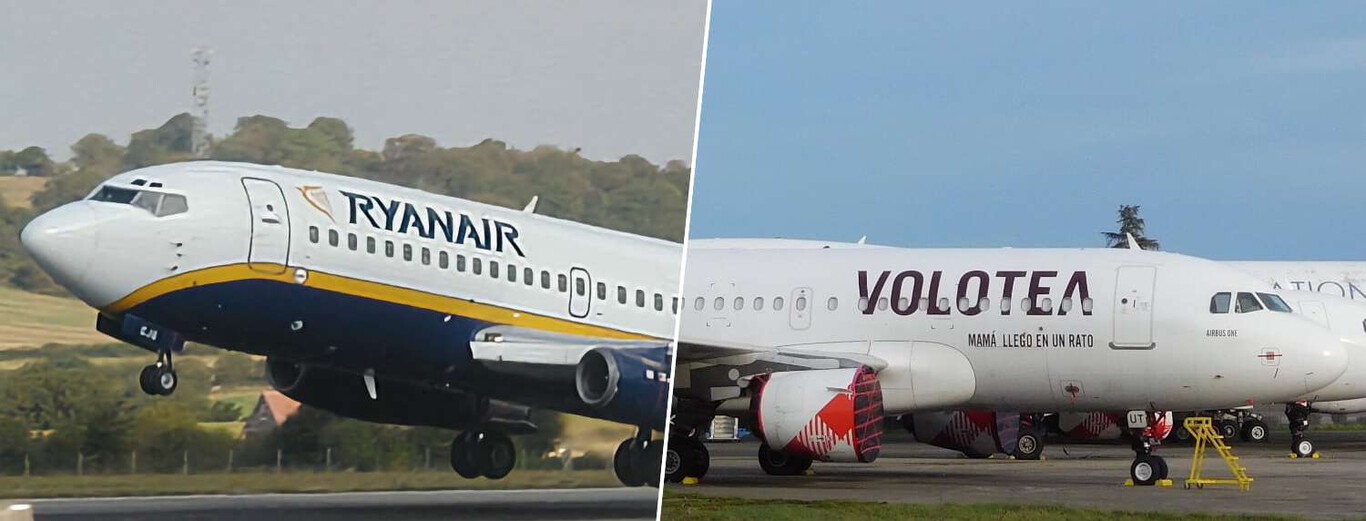 The image is split into two halves, each showing a different commercial airplane. On the left side, a Ryanair aircraft is captured just as it is taking off from a runway, with its landing gear still extended and a backdrop of green fields and trees under a cloudy sky. The plane is white with a dark blue underside and a yellow stripe running along the fuselage, prominently displaying the 'RYANAIR' logo near the front. On the right side, a Volotea airplane is parked on the tarmac under a clear blue sky, with a stairway positioned near its front door. This plane is predominantly white and features the 'VOLOTEA' branding in large purple letters along with the phrase 'MAMÁ LLEGÓ EN UN RATO' written below it. Both images emphasize the branding and distinct color schemes of the two airlines.