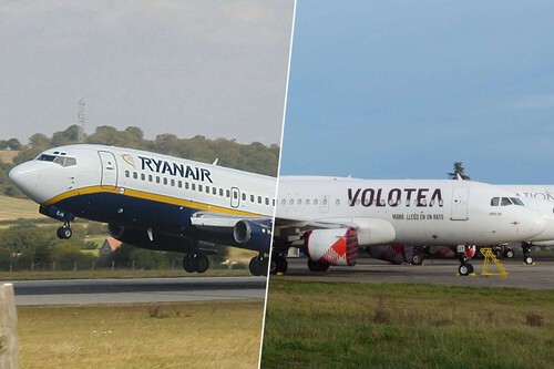 The image is split into two sections, each showing a commercial airplane from different airlines. On the left side, a Ryanair plane with a blue and white fuselage and a yellow stripe near the bottom is captured just as its wheels leave the runway during takeoff. The background includes grassy fields and hills under a cloudy sky. On the right side, a Volotea aircraft with a predominantly white body and red accents on the engines is stationary on the ground, surrounded by grassy areas, with a cloudy blue sky overhead. The planes are shown in different phases of flight, highlighting the contrast between takeoff and being parked.