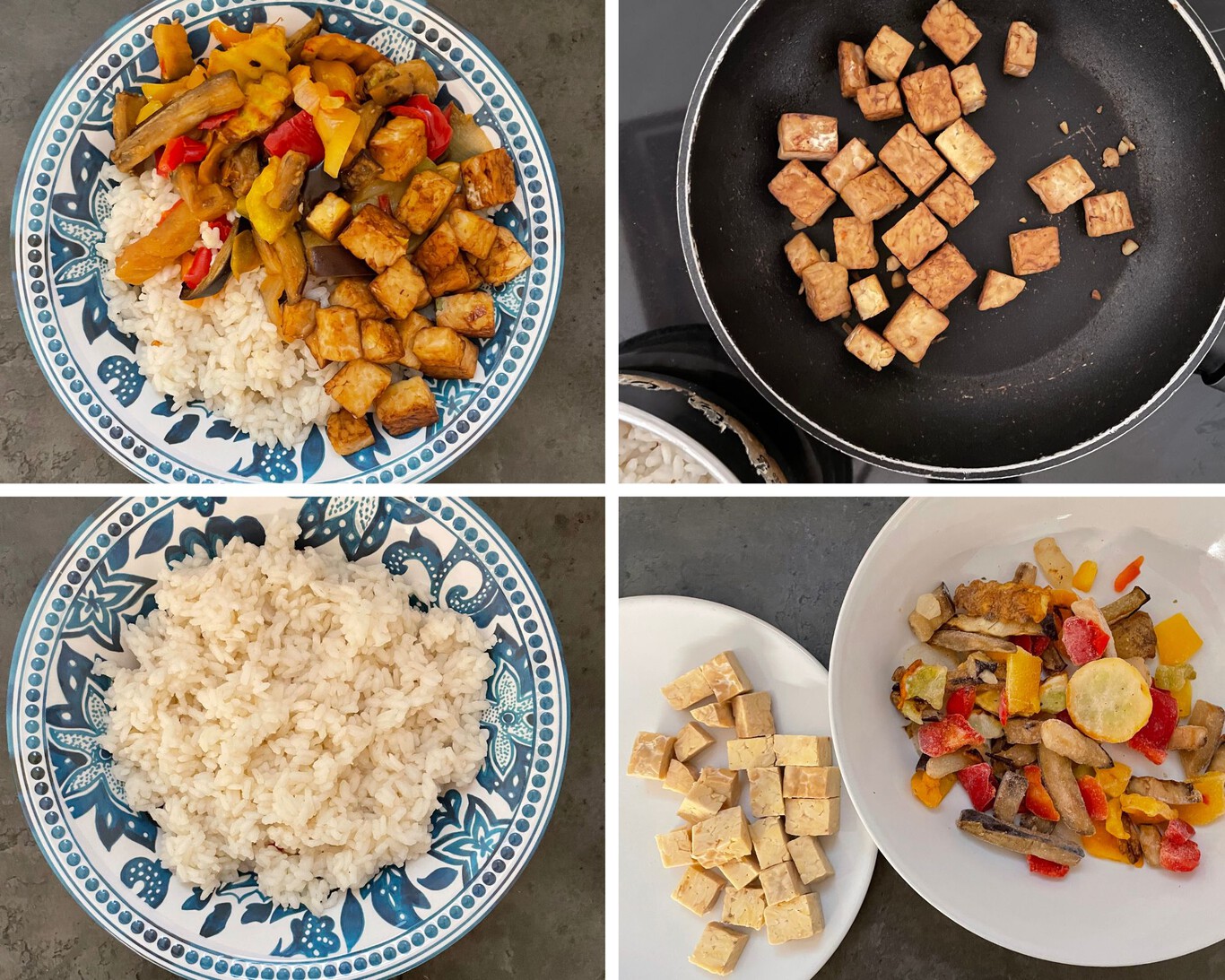 Burrito bowl con arroz integral, verduras y tempeh una opción fácil