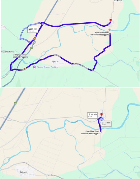 Arriba, ruta en Google Maps con coche; abajo, ruta a pie cruzando el puente a medio derruir