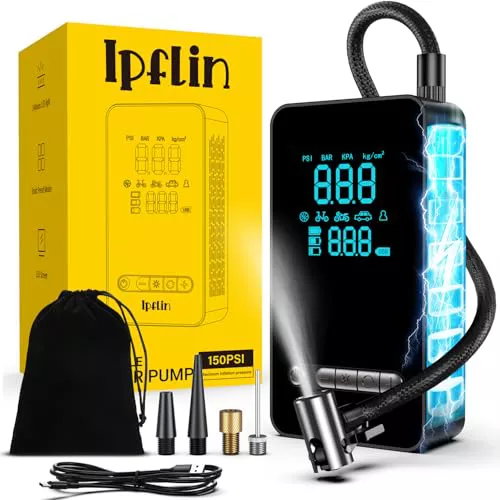 Ipflin Compresor Aire Portatil - Inflador Ruedas Coche 150PSI con Linterna y Batería Recargable - para Coches, Motos, Bicicletas SOS Emergencia y para Viajes Familiares