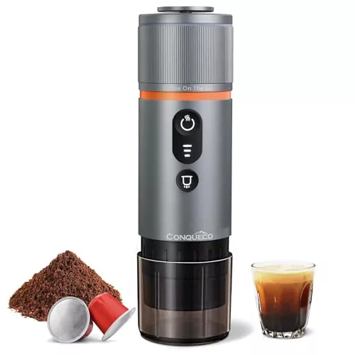 CONQUECO Cafetera Portátil con Cápsula de Espresso - 12V Máquina de Café Electrica con Batería - para Coche Camión y Viajes - Compatible con Cápsulas Originales Nespresso y Cápsula L'or