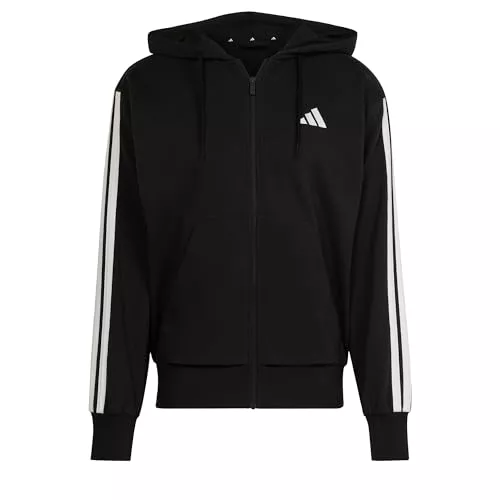 adidas Hombre Essential Three Stripes French Terry Fullzip Hoodie Sweatshirt, Black/White, M