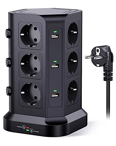 KOOSLA Regleta Vertical, 12 Enchufes, 6 USB, 2M, Negro