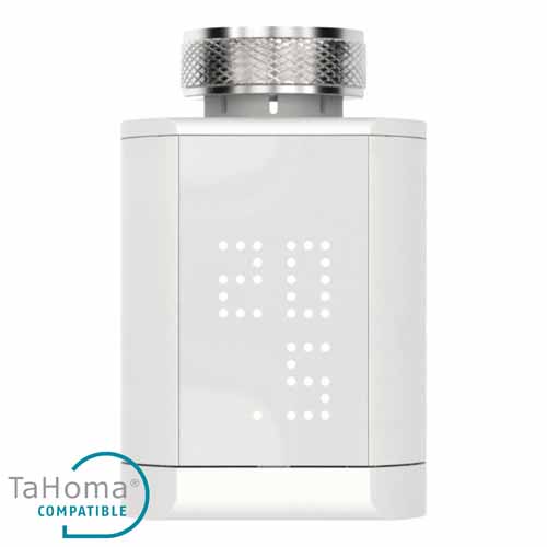 Válvula termostática Somfy para radiadores hidrálicos con botones físicos, pantalla LED y conrol por app móvil. Es compatible con el sistema TaHoma, los asistentes de voz de Amazon y Google y la plataforma IFTTT para gestionar la temperatura de tu hogar por zonas de la forma más eficiente.