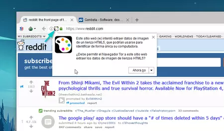 Tor ブラウザがポップアップ通知で Reddit キャンバスのフィンガープリンティングをブロック