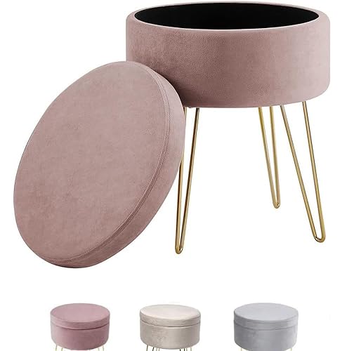 Madera Nieve Taburete Redondo para tocador, Taburete otomano, Taburete Acolchado con Funda Desmontable y Soporte de Metal. (Rosado)