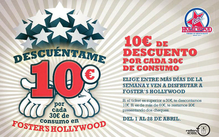 En Foster's Hollywood te descuentan 10 euros por cada 30 que consumas