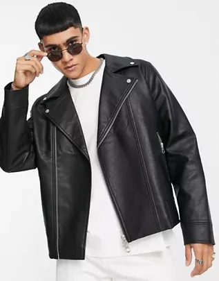 Topman faux leather biker jacket in black