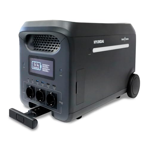HYUNDAI Estación de Energía Portátil 3000W con Carga Rápida 1,7h - Power Station con App y Batería Expandible - Generador Solar con SAI para Emergencias - Batería LiFePO4 Robusta y Silenciosa