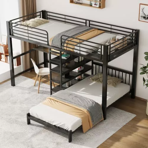 Dolamaní Litera de 90 x 200 cm para 2 personas con escritorio y 3 estantes múltiples, interfaz USB y tipo C, almacenamiento de ropa, sin colchón (negro B)
