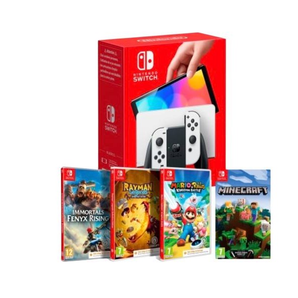 Consola Nintendo Switch OLED Blanca + Immortals Fenyx Rising + Rayman Legends + Mario Rabbids Kingdom Battle + Minecraft (Digitales)
