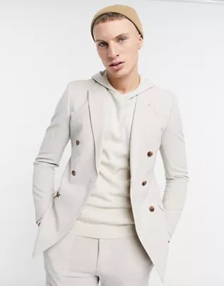 Chaqueta de traje color piedra de doble botonadura y corte muy entallado de ASOS DESIGN
