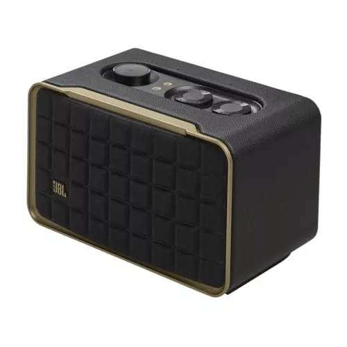 JBL Authentics 200, altavoz inteligente con tecnología Bluetooth, diseño retro, con cuadrícula gris, Wi-Fi integrado, Google Assistant, Amazon Alexa, AirPlay, JBL One App, negro, Enchufe EU (tipo C)