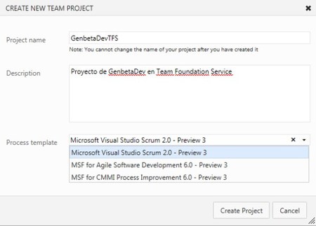 Nuevo proyecto Team Foundation Services