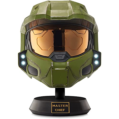 Casco de Lujo del Jefe Maestro con Soporte con Luces LED a los Lados y Pintura dañada por la Batalla. Talla única. Construye tu Universo