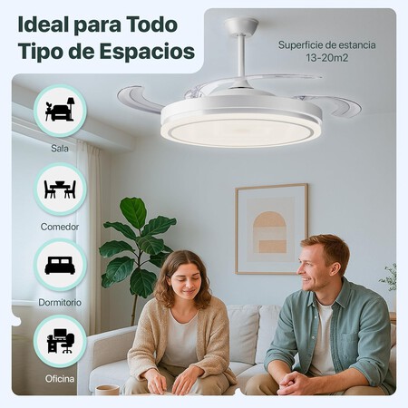 LEDUNI Ventilador de Techo LED con Aspas Retráctiles - 66W, 30W Motor DC+36W Luz 2880LM, Blanco, CCT 3000-6000K, con Control Remoto Funcion verano e...