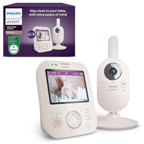 PHILIPS Avent vigilabebés con vídeo Premium: Certificado DEKRA, Privado y Seguro, cámara y Audio bidireccional, Color Blanco, Pantalla 3,5", Zoom 4X, visión Nocturna, Temperatura Ambiente, SCD891/26