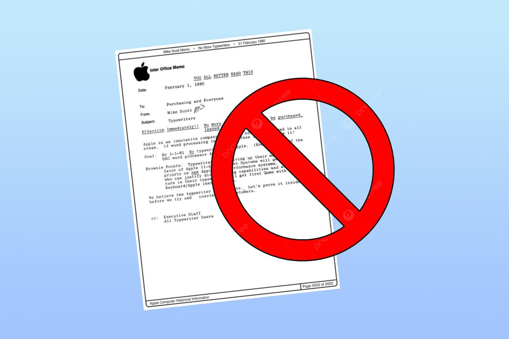 Los empleados de Apple pasaban de usar sus ordenadores y preferían máquinas de escribir. Hasta que este documento interno lo prohibió