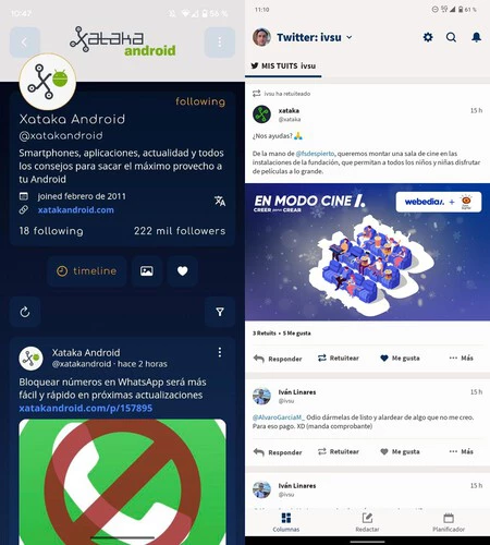 Harpy (左) と Hootsuite (右) で実行されている Twitter