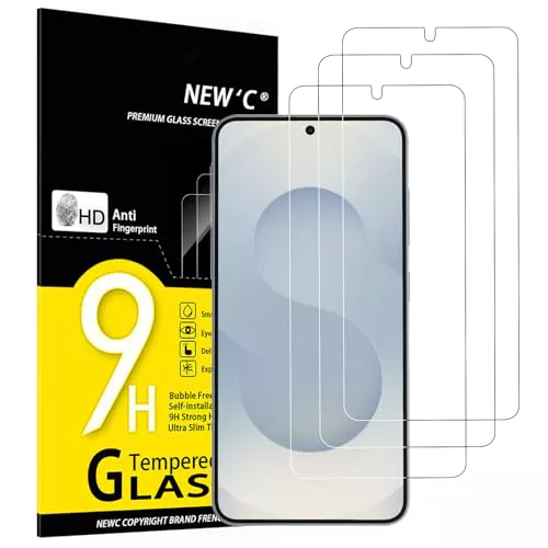 NEW'C 3 Piezas, Protector Pantalla para Samsung Galaxy S25, Cristal templado Antiarañazos, Antihuellas, Sin Burbujas, Dureza 9H, Ultra Transparente, Ultra Resistente
