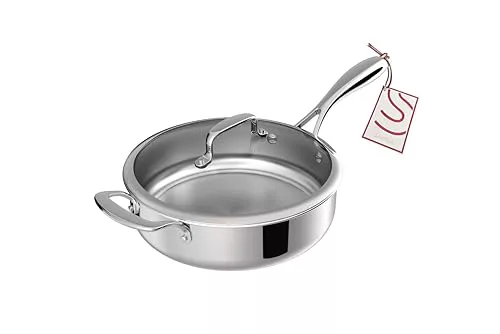 SANFELA Sartén de acero inoxidable de 5 capas con tapa de cristal, 24 cm/3,2 l, compatible con todo tipo de cocinas, apta para lavavajillas
