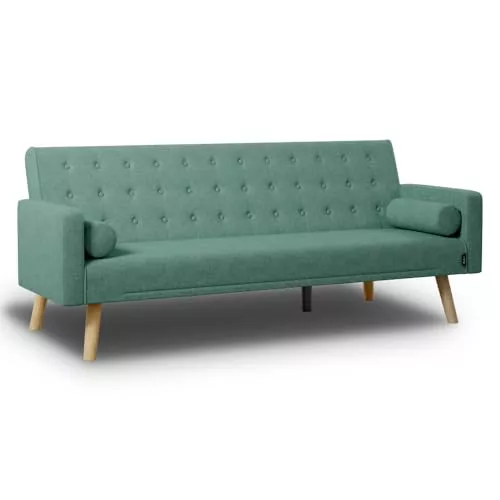 Nalui - Sofá Cama 3 Plazas Acolchado 203x82x78cm One Dots, 2 Cojines y Apertura Clic-Clac con Dif. Grados de Reclinación. Sofá Cama Chaise Longue con Patas de Madera Convertible en Cama Doble | Verde