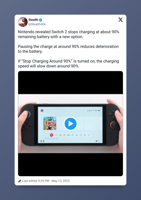 Nintendo tiene un plan maestro para alargar la vida útil de la batería de Switch 2, y todo se resume en cargarla como máximo en un 90%