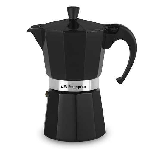 Orbegozo KFN 610 - Cafetera italiana de aluminio, 6 tazas de capacidad, mango ergonómico, válvula de seguridad, filtro desmontable, Color Negro