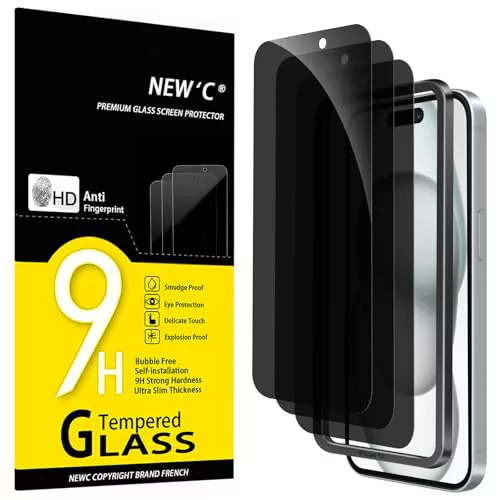 NEW'C 3 Piezas, Protector pantalla privacidad para iPhone 16, iPhone 15 (6,1 Pulgadas), Cristal Vidrio Templado Antiespia con herramienta de instalación fácil incluida - Ángulo de Privacidad 28 Grados