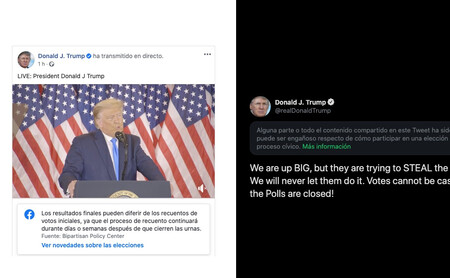 Trump se autoproclama presidente con los votos sin contar, Twitter y Facebook reaccionan para contradecirle