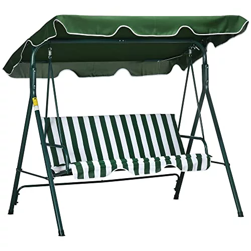 Outsunny Columpio de Jardín de 3 Plazas Balancín Exterior con Techo Ajustable y Marco de Acero para Balcón Terraza Patio Carga 240 kg 172x110x153 cm Raya Verde