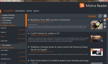 Mishra Reader, lector RSS con interfaz Metro que se sincroniza con Google Reader