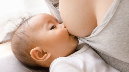 Bebé enganchado a la teta de su madre en posicion Cuatro patas