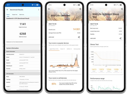 De izquierda a derecha: GeekBench, 3D Mark Wild Life Unlimited y 3D Mark Wild Life Stress Unlimited