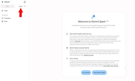 Gemini Spark disponible como una pestaña aparte