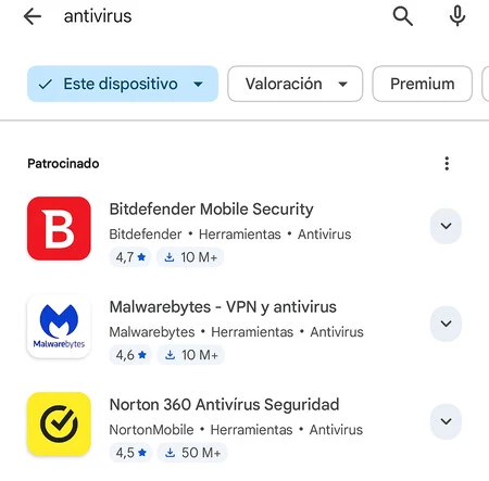 Resultados de Google Play para la búsqueda antivirus