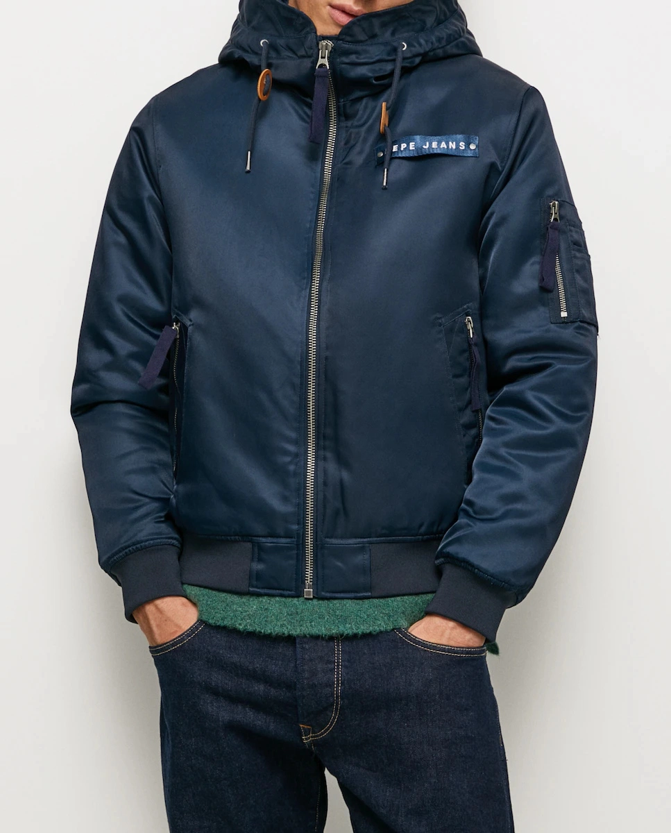 Chaqueta de hombre estilo bomber con capucha en color azul marino