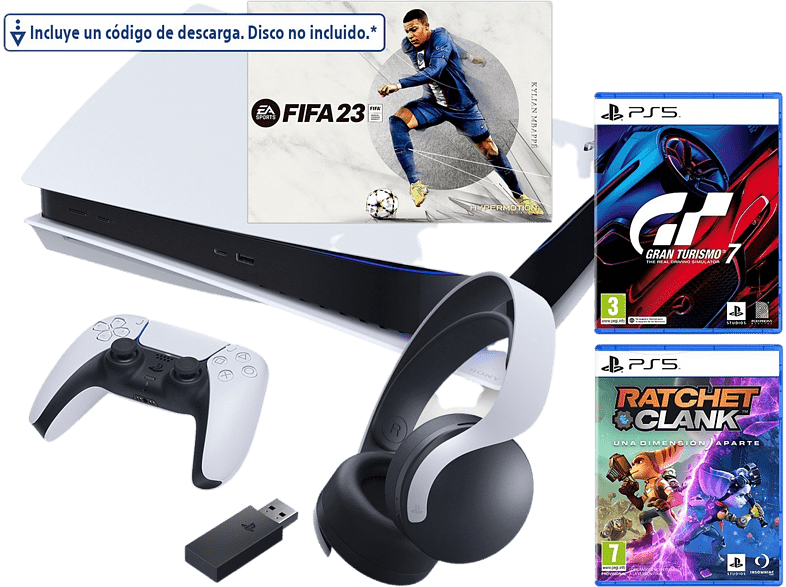Consola - Sony PS5 Stand C, 825GB, 4K HDR, Blanco + FIFA 23 + Gran Turismo 7 + Ratchet & Clank + Auriculares gaming Pulse 3D