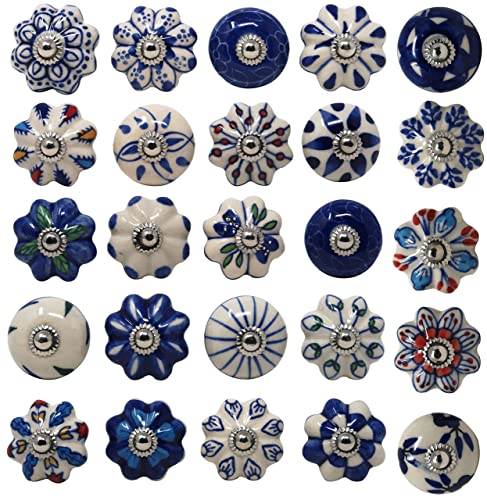 Ajuny Juego de 25 Pomos de Cerámica de Colores Azules para Armarios de Cocina Armarios de Baño Cajones y Cómodas Pomos Decorativos de Cerámica Hechos a Mano