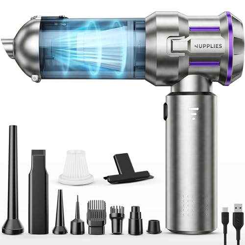 JUPPLIES Aspirador de Mano Inalámbrico Potente, 25000 PA, 3 Intensidades | 4 en 1: Succión, Soplado, Inflado, Vacío | 7 Accesorios, Motor Sin Escobillas | Mini Aspiradora Hogar Coche (Gris)