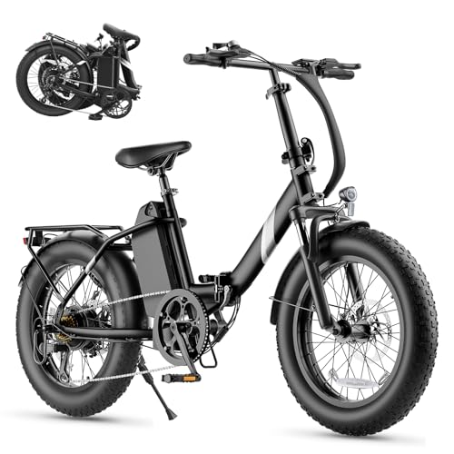 Bicicleta Eléctrica, Touroll S3 Negra bicicleta electrica plegable, 20"×3.0" fat bike Autonomía 65 km, e-bike con Motor 250W 50 Nm, Horquilla Amortiguada, Portaequipajes, Bici Eléctrica Hombre y Mujer