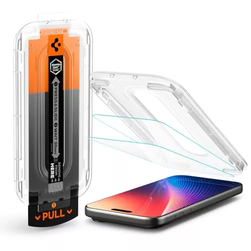 Spigen Glas.tR EZ Fit Pro Protector Pantalla para iPhone 17, iPhone 17 Pro, iPhone 16 Pro, 2 Unidades, Instalación Fácil, Alta Definicion, Dureza 9H