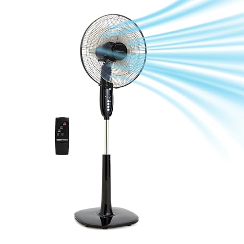 Amazon Basics Ventilador de Pie 40 cm con Mando a Distancia, para Dormitorio, Salón, Oficina, 3 Velocidades, 3 Modos, Temporizador, Aspas de Doble Capa, Altura Ajustable,Cabezal Inclinable, 60W, Negro