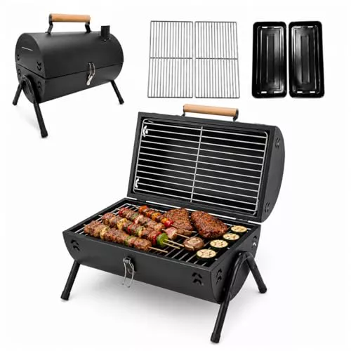 Barbacoa Portátil con Diseño de Cubo, Barbacoa de Carbón para Exteriores con 2 Parrillas
