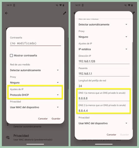 Capturas de pantalla mostrando el menú desde el que podemos modificar los DNS en Android