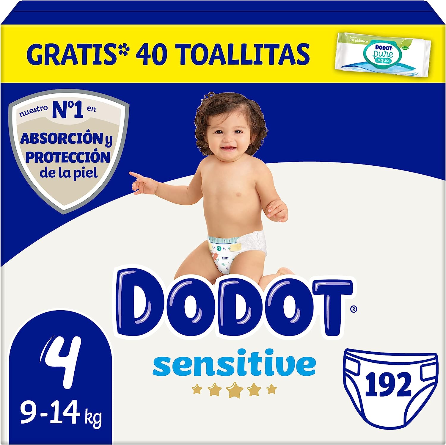 Dodot Pañales Bebé Sensitive Talla 4 (9-14 kg), 192 Pañales + 1 Pack de 40 Toallitas Gratis Aqua Plastic Free, Óptima Protección de la Piel de Dodot, Pack Mensual