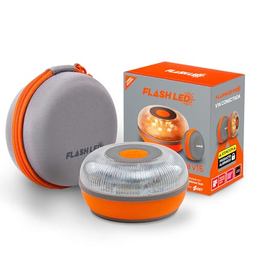 FlashLED SOS Emergency Light V16 Connected Approved, Authorized by the DGT, SIM Card and DATA SERVICE UNTIL 2038, Magnetic Base, IP54 Water and Dust Resistance, INCLUDES CASE