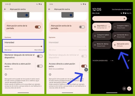 Capturas de pantalla mostrando como ajustar la intensidad de esta función y cómo acceder a la misma una vez configurada