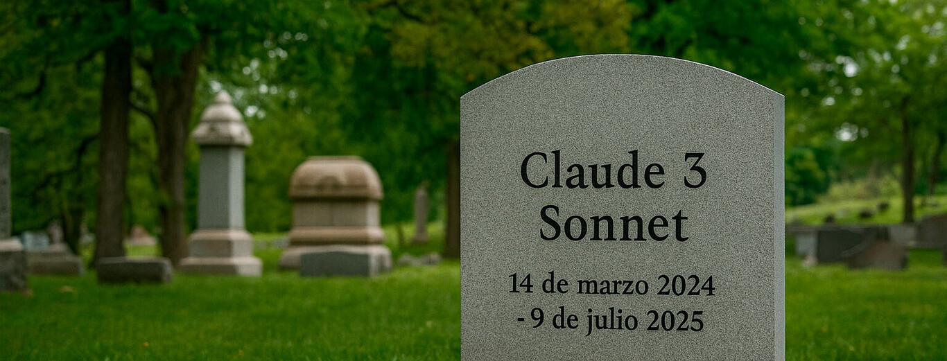 The image shows a gray tombstone standing upright in a grassy cemetery surrounded by trees and other headstones. The tombstone is inscribed with the name "Claude 3 Sonnet" and the dates "14 de marzo 2024 - 9 de julio 2025." The background is filled with various other gravestones, some with distinctive shapes, and lush green foliage, giving the scene a peaceful and somber atmosphere.